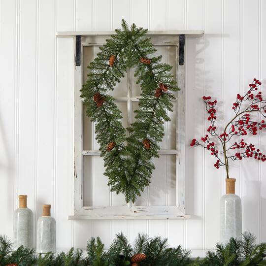 3ft. White LED Lights Holiday Geometric Christmas Diamond Wreath With Pinecones